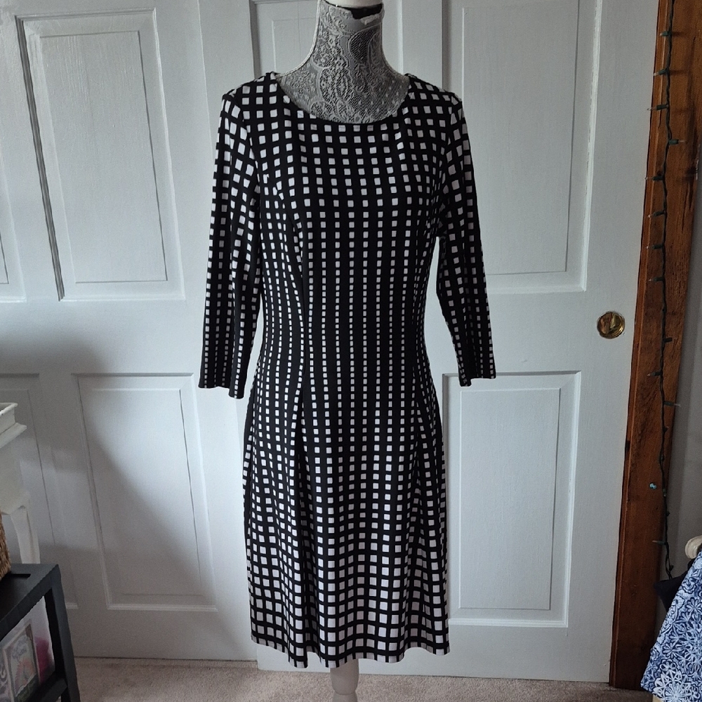 Joseph Ribkoff Black and White Checkered 3/4 Long Sleeve Dress